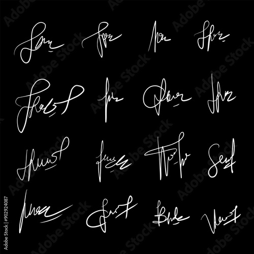 Hand-drawn signatures,set fictitious contract signatures business autograph illustration.