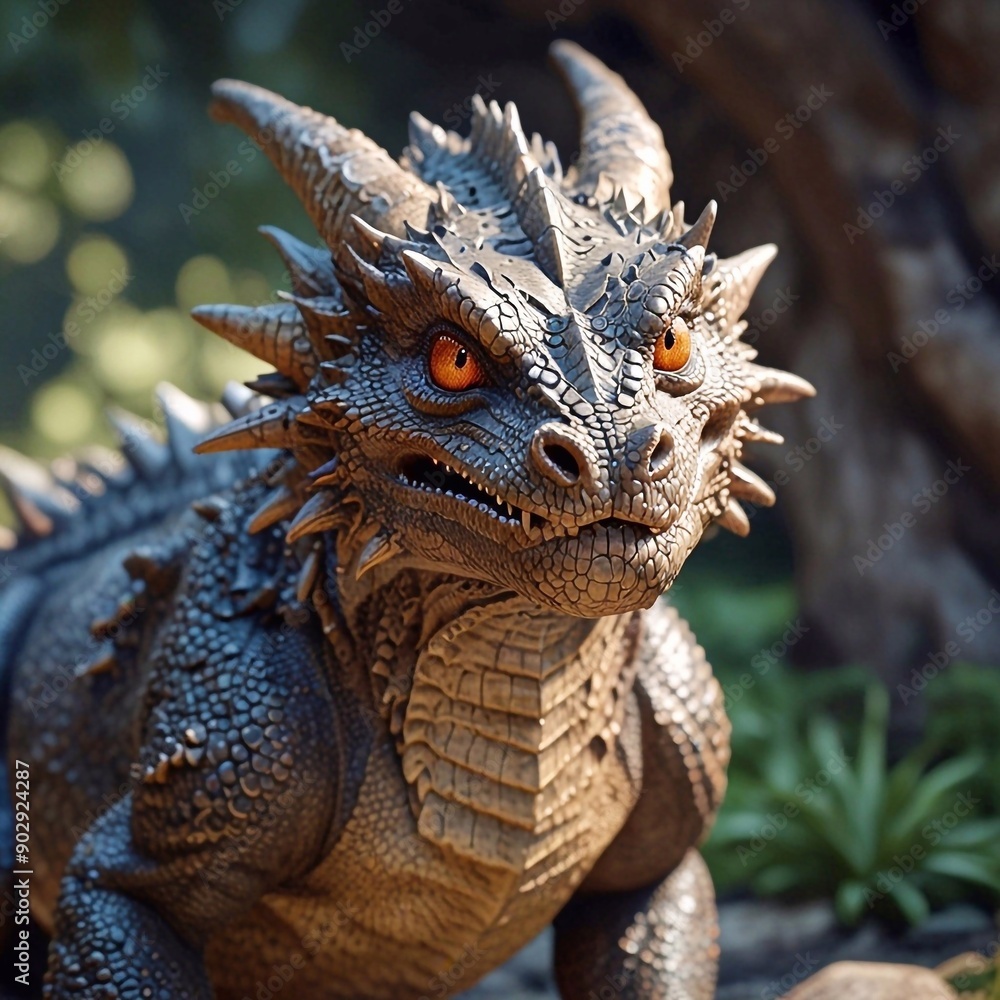 Cute 3D cartoon grey dragon baby with orange wings and horns sitting in the forest Cute 3D cartoon grey dragon baby with orange wings and horns sitting in the forest