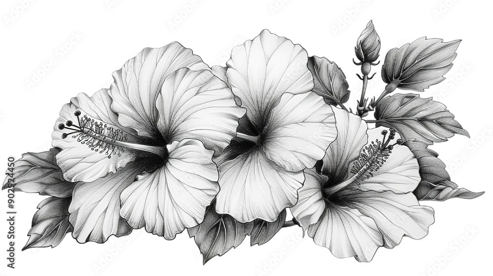 An black and white illustrative work of small hibiscus flowers a sketch with a transparent background for banner and poster use, Generative AI. An black and white illustrative work of small hibiscus flowers a sketch with a transparent background for banner and poster use, Generative AI.