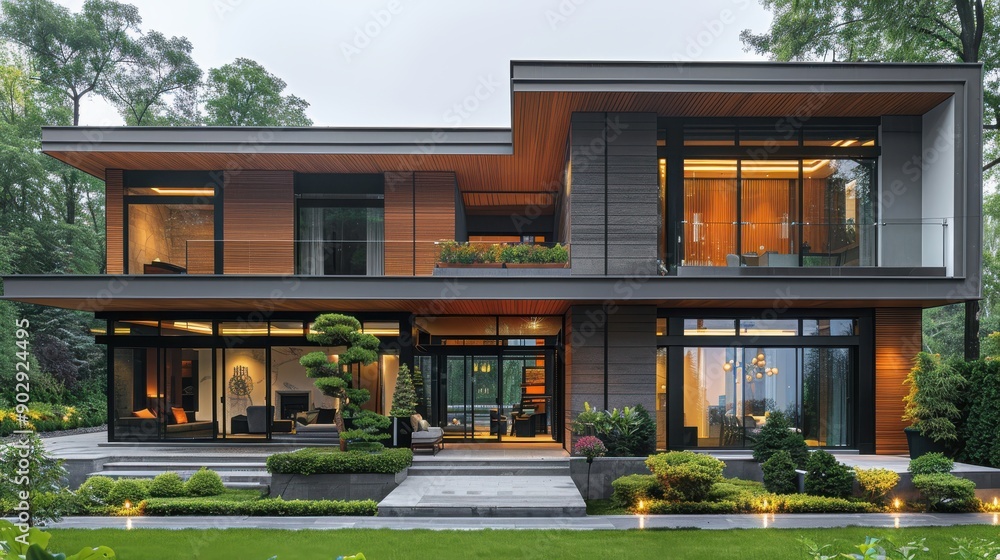Modern Architectural Design of a House Surrounded by Lush Greenery in a Serene Environment Modern Architectural Design of a House Surrounded by Lush Greenery in a Serene Environment