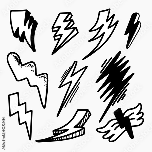 hand drawn sketch style lightning collection illustration. Lightning doodle icon set. vector illustration.