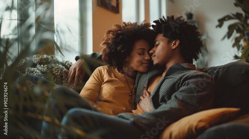 Couple sitting closely on a sofa photo