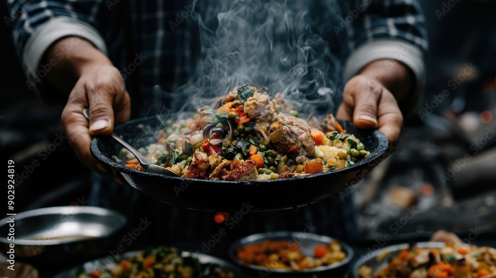 A steaming hot stir-fry dish filled with colorful vegetables and meats, being held up ready to be served, showcasing a meal packed with nutrients, flavor, and vibrant colors. A steaming hot stir-fry dish filled with colorful vegetables and meats, being held up ready to be served, showcasing a meal packed with nutrients, flavor, and vibrant colors.