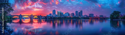 A city skyline is reflected in the water below a bridge. The sky is a mix of orange and blue hues, creating a serene and peaceful atmosphere
