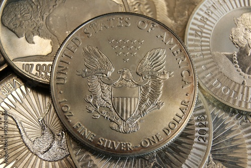 A pure silver coin of the United States of America. 1 dollar American silver eagle one ounce.