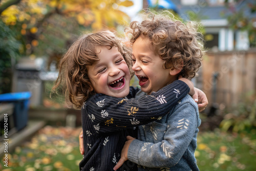 Two siblings teasing one another in a backyard faces glowing with joy