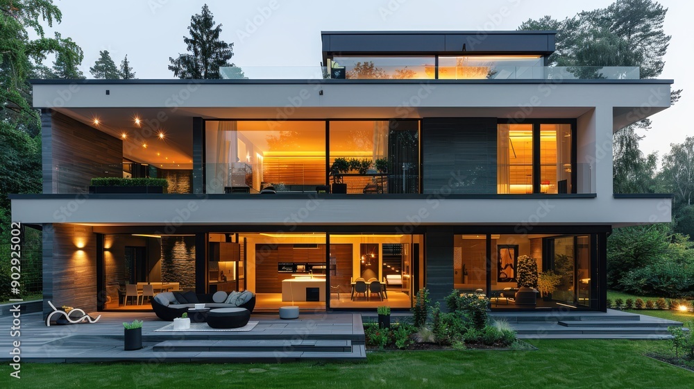 Modern Two-Story House Surrounded by Lush Greenery in Evening Light Modern Two-Story House Surrounded by Lush Greenery in Evening Light