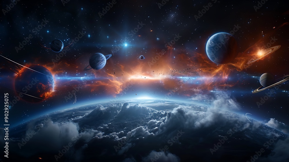 Obraz premium Cosmic landscape with nebulae, stars, and planets, rendered in hyperrealistic detail