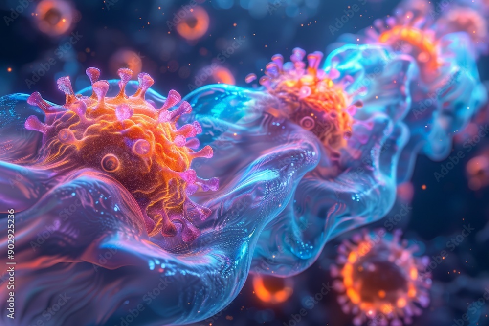 Obraz premium the life cycle of a virus, from transmission to replication, showcasing its structure and impact on the body