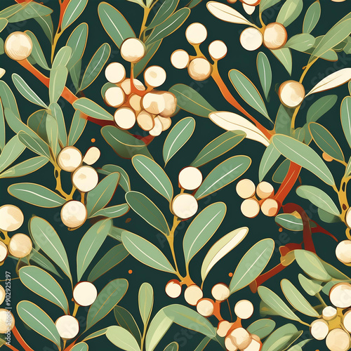 simple seamless pattern, 2d, cute, flat, illustartion, Christmas, minimalism, Mistletoe