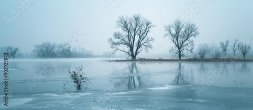 A wintry lake with a frozen surface and bare trees creates a serene copy space image