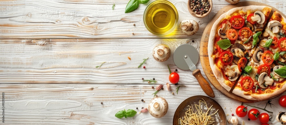 Pizza topped with mushrooms being prepared on a white wooden surface surrounded by ingredients like olive oil and a round slicing knife with space for additional images Aimed at illustrating the pizz Pizza topped with mushrooms being prepared on a white wooden surface surrounded by ingredients like olive oil and a round slicing knife with space for additional images Aimed at illustrating the pizz