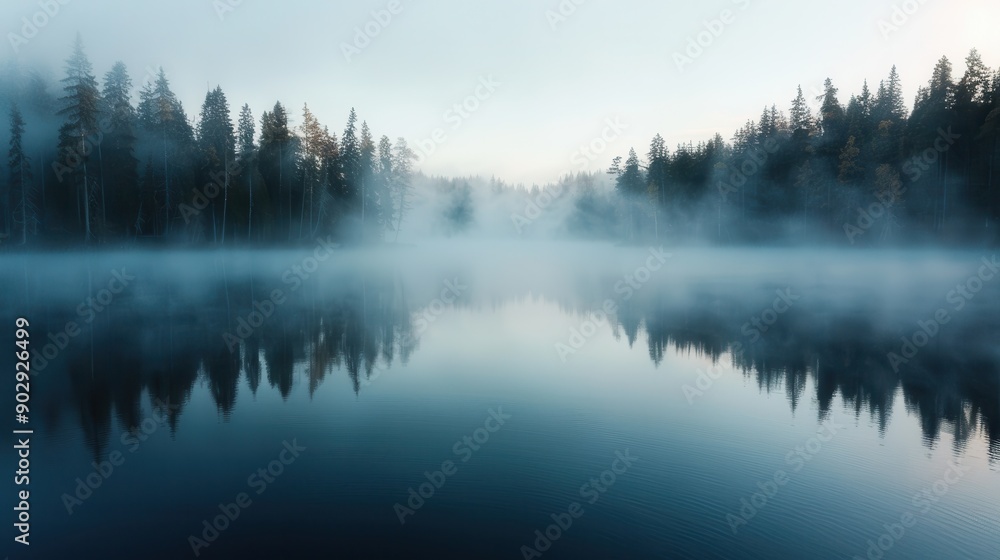 A serene misty lake reflects the surrounding trees at dawn’s early light, creating a tranquil and peaceful scene that captures the essence of nature’s early morning beauty. A serene misty lake reflects the surrounding trees at dawn’s early light, creating a tranquil and peaceful scene that captures the essence of nature’s early morning beauty.