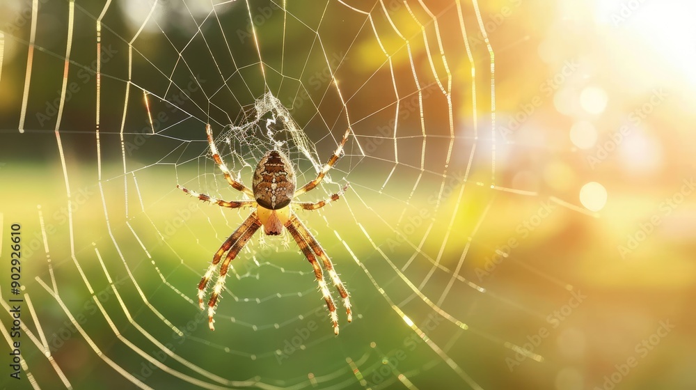 A vibrant spider skillfully constructs its elaborate web amidst foliage in a tranquil garden under the warm afternoon sun A vibrant spider skillfully constructs its elaborate web amidst foliage in a tranquil garden under the warm afternoon sun