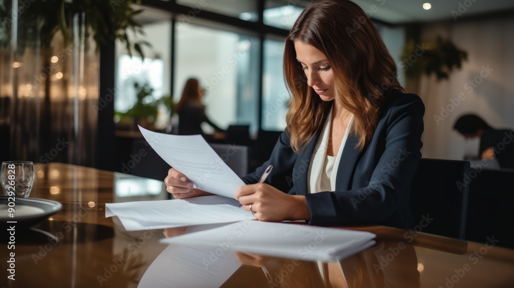 Woman working with documents business outfit Woman working with documents business outfit