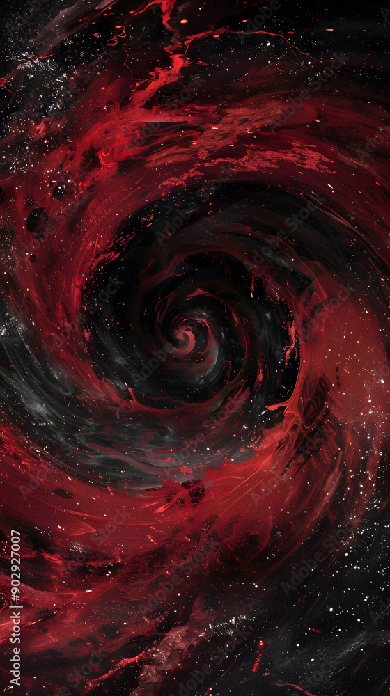 Red galaxy swirl, black background, stars in the distance, space art, hyper realistic, science fiction, fantasy. The artwork depicts a red galaxy swirl against a blackhole Red galaxy swirl, black background, stars in the distance, space art, hyper realistic, science fiction, fantasy. The artwork depicts a red galaxy swirl against a blackhole
