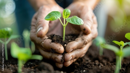 Hands gently holding and nurturing a young seedling planted in fertile soil, symbolizing growth, nurturing, and the importance of a strong foundation for future development. photo