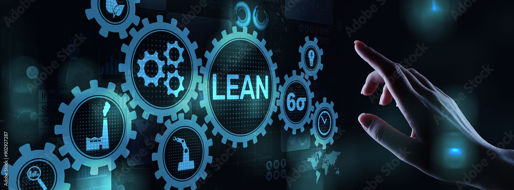 Fototapeta premium Lean, Six sigma, quality control and manufacturing process management concept on virtual screen.