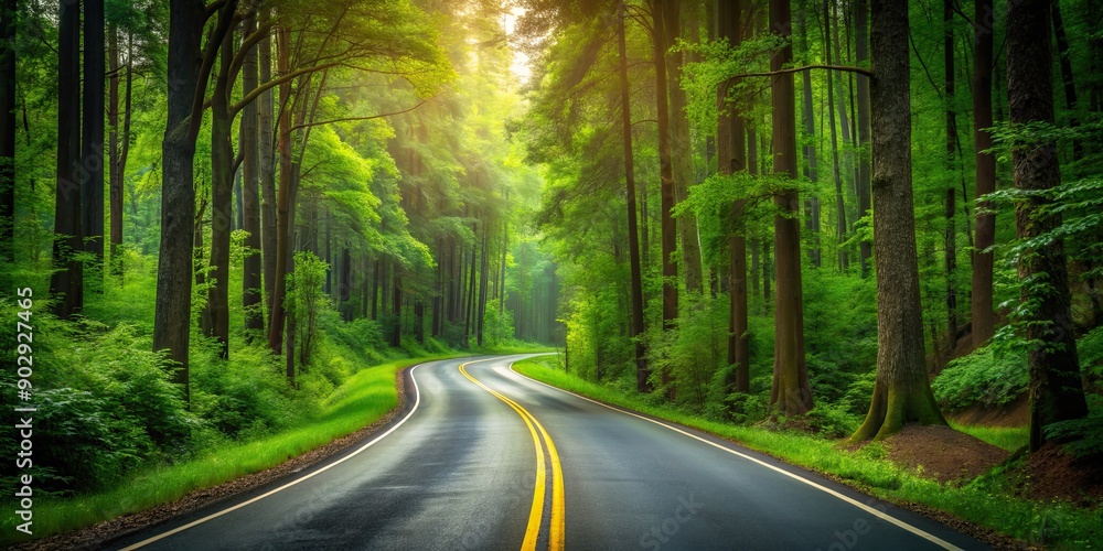 Obraz premium Road winding through a dense forest , nature, trees, outdoors, path, journey, adventure, scenic, greenery