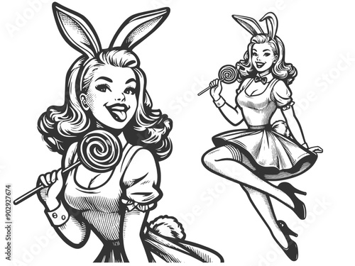 smiling pin-up bunny girl holding a lollipop, dressed in a playful bunny costume sketch engraving generative ai fictional character vector illustration. Scratch board imitation. Black and white image.