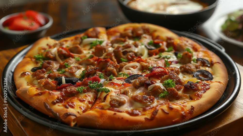 A delicious pizza with various toppings A delicious pizza with various toppings