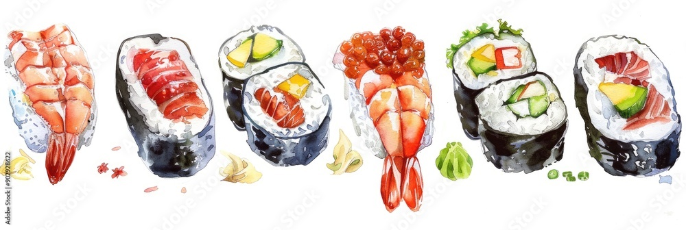 Traditional Japanese Sushi Set, Delicately Hand-painted with Watercolors Traditional Japanese Sushi Set, Delicately Hand-painted with Watercolors