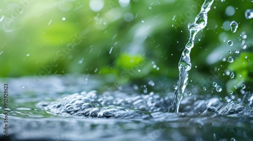 A close-up view of a bubbling water stream in a green natural backdrop, highlighting the dynamic motion of water and the serene ambiance of nature's tranquility.