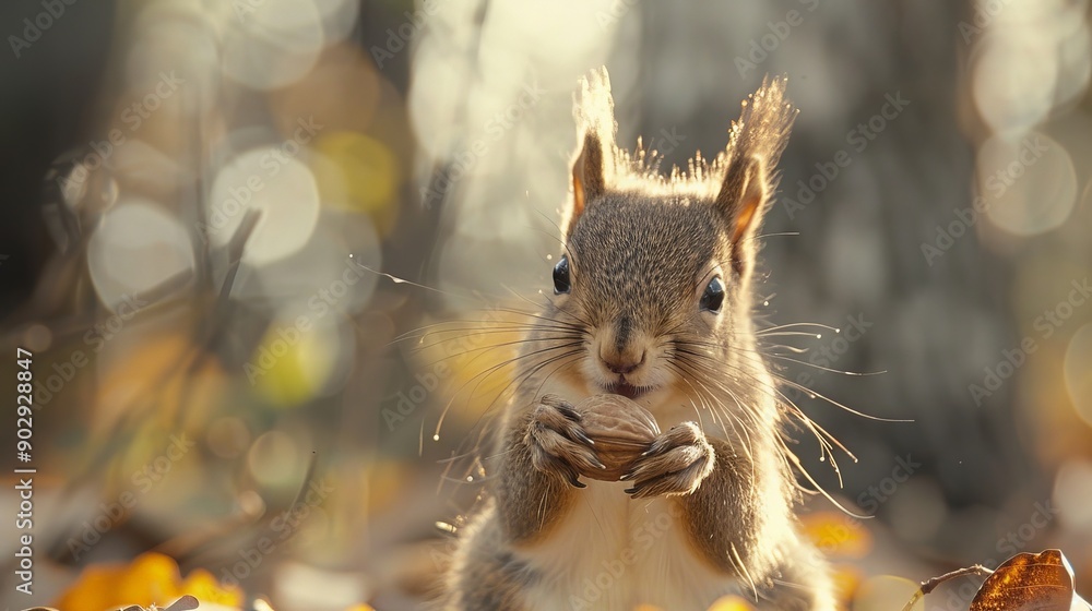 A baby squirrel holding a nut, illuminated by morning sunlight A baby squirrel holding a nut, illuminated by morning sunlight