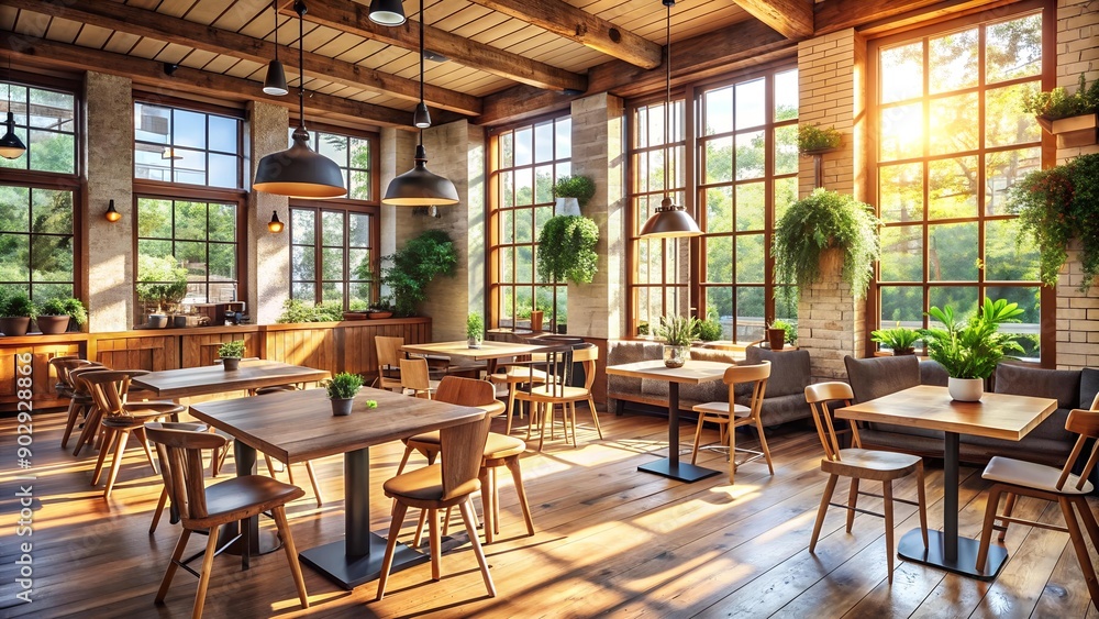 Sunlit Rustic Haven: A Cozy Caf? with Warm Wooden Accents and Abundant Natural Light Generative AI Sunlit Rustic Haven: A Cozy Caf? with Warm Wooden Accents and Abundant Natural Light Generative AI