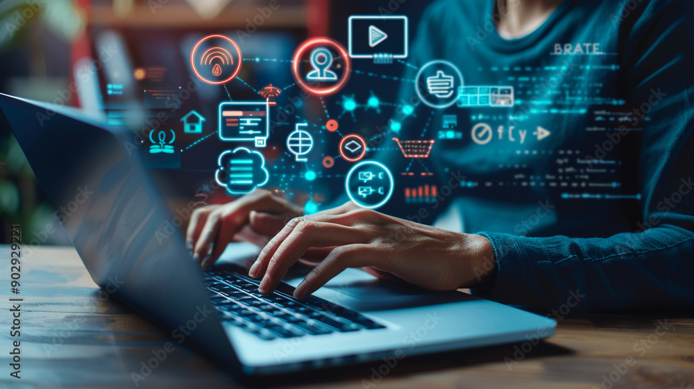 Hands typing on a laptop with virtual icons representing various aspects of online education