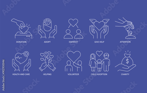 Charity, Child Adoption, Volunteer, Helping, Nonprofit Work, Community Service, Philanthropy, Social Good, Fundraising, Charitable Giving icon set.