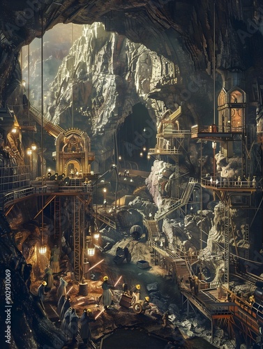 Highly Detailed Digital of Miners and Excavation Equipment in Underground Depths