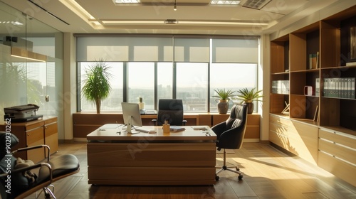 Modern Office Interior with Large Windows and City View.