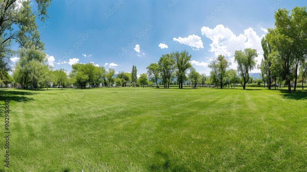 A vibrant green lawn stretches under a clear blue sky adorned with fluffy white clouds, showcasing neatly mowed grass and trees lining the landscape A vibrant green lawn stretches under a clear blue sky adorned with fluffy white clouds, showcasing neatly mowed grass and trees lining the landscape