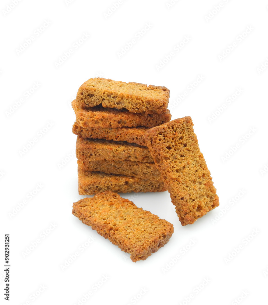Rye croutons isolated on white background, homemade brown bread rusks, roasted salted snack Rye croutons isolated on white background, homemade brown bread rusks, roasted salted snack
