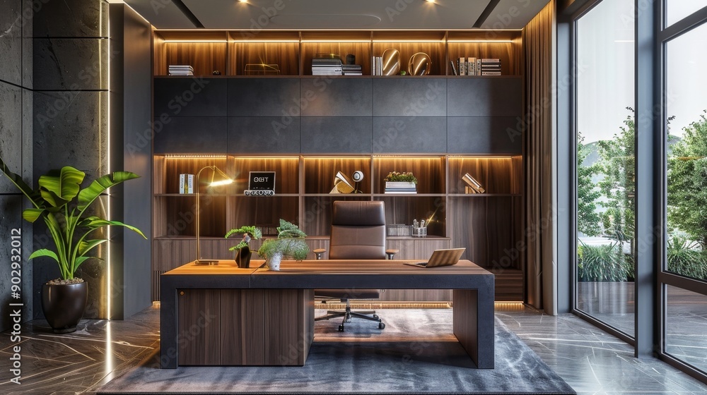 Modern office interior design with wooden shelves and desk. Modern office interior design with wooden shelves and desk.