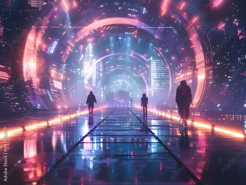 Fototapeta premium Futuristic Neon Lit Spaceport with Glowing Walkway and Travelers
