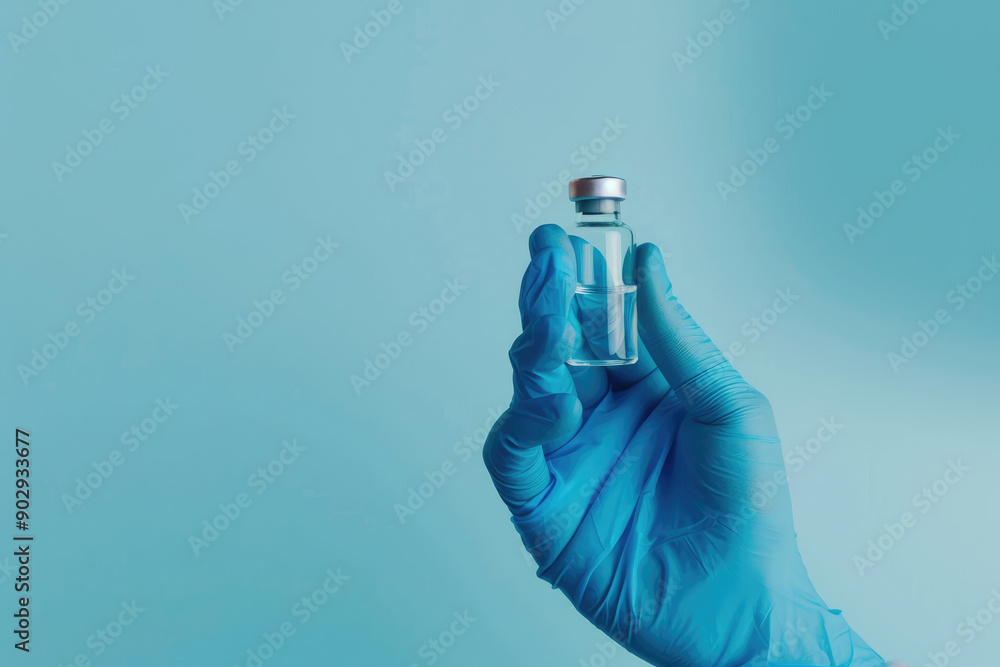 Doctor wearing blue gloves holding vaccine vial Doctor wearing blue gloves holding vaccine vial