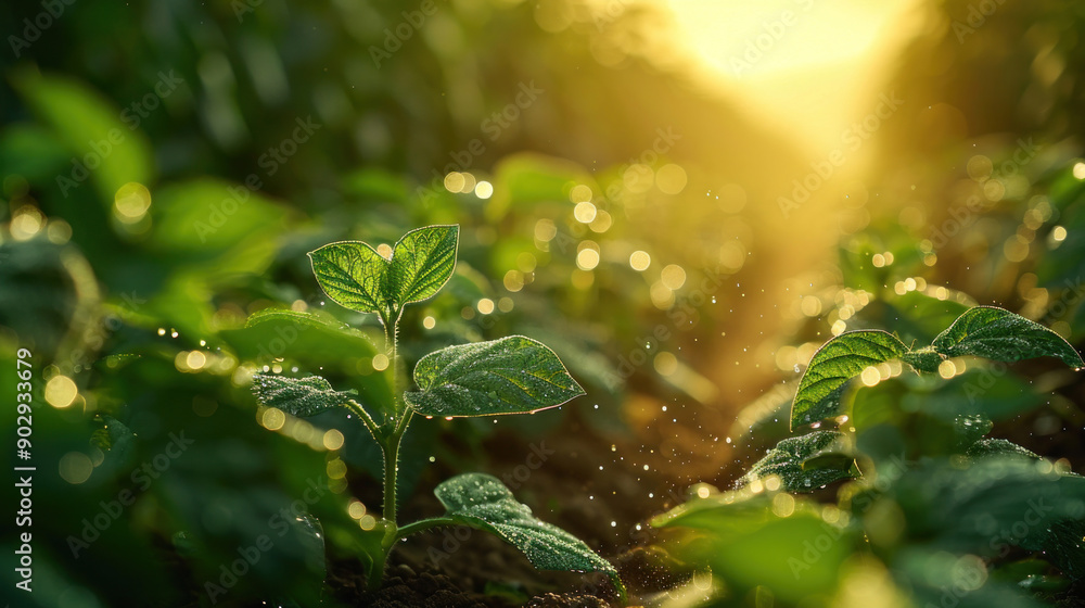 Close-up of a tractor spraying system in action on green soybeans. Close-up of a tractor spraying system in action on green soybeans.