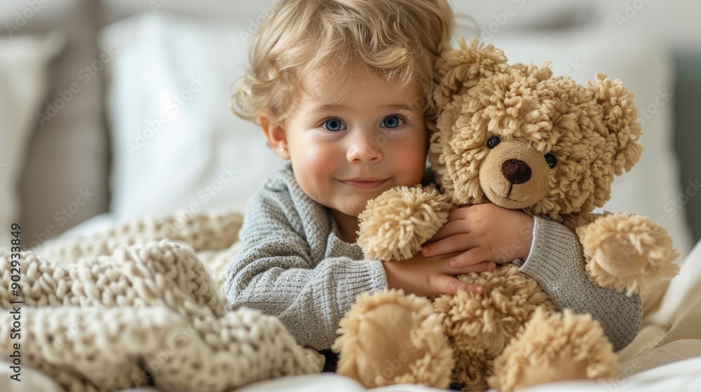 Adorable Child Snuggling with Teddy Bear in Cozy Bed Adorable Child Snuggling with Teddy Bear in Cozy Bed
