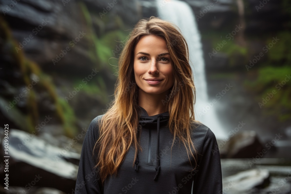 Portrait of a satisfied woman in her 20s wearing a thermal fleece pullover isolated in backdrop of a spectacular waterfall Portrait of a satisfied woman in her 20s wearing a thermal fleece pullover isolated in backdrop of a spectacular waterfall