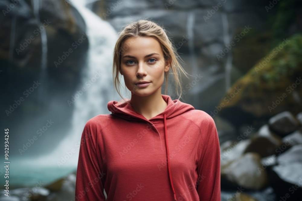 Portrait of a satisfied woman in her 20s wearing a thermal fleece pullover while standing against backdrop of a spectacular waterfall Portrait of a satisfied woman in her 20s wearing a thermal fleece pullover while standing against backdrop of a spectacular waterfall