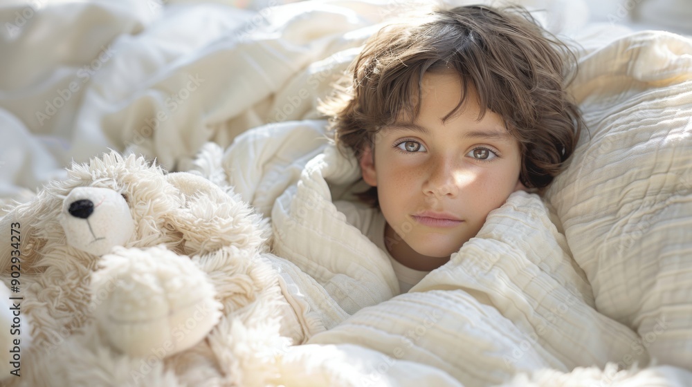 Adorable Child Snuggling with Teddy Bear in Cozy Bed Adorable Child Snuggling with Teddy Bear in Cozy Bed