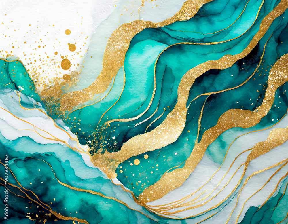 Luxury background with teal green ink waves and gold Luxury background with teal green ink waves and gold