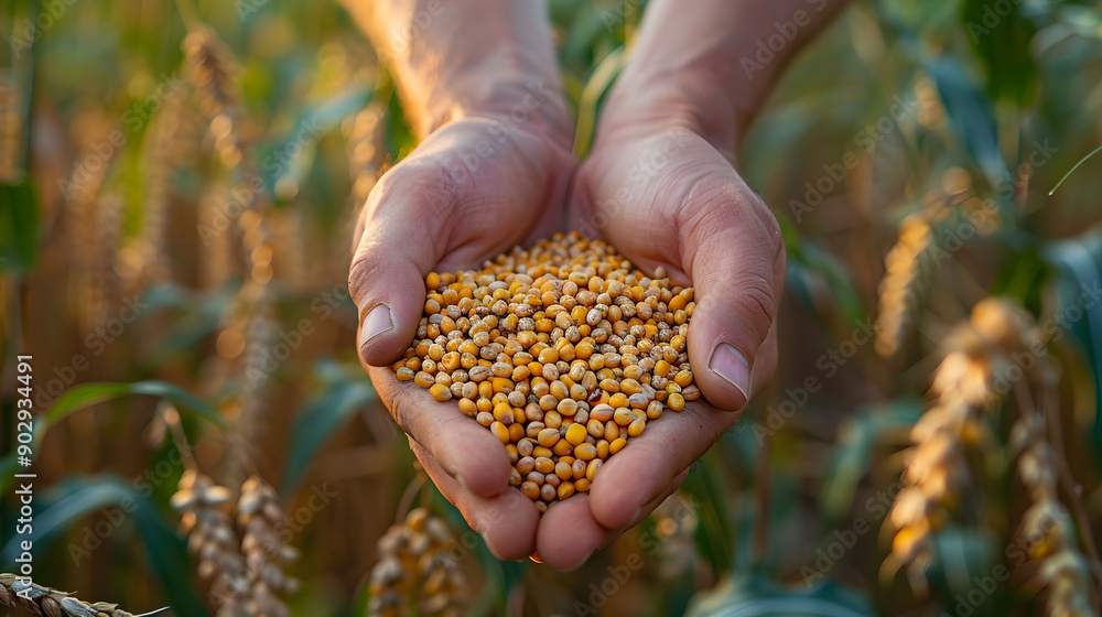 Holding vibrant yellow seeds in open hands amidst a lush green field during golden hour infusing nature's bounty Holding vibrant yellow seeds in open hands amidst a lush green field during golden hour infusing nature's bounty