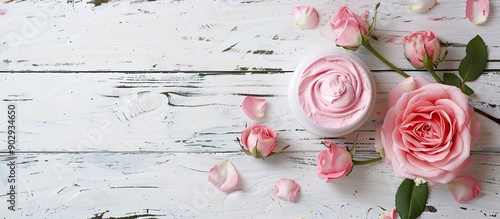 Rose flower and pink moisturizer displayed on a white wood background with ample copy space image photo