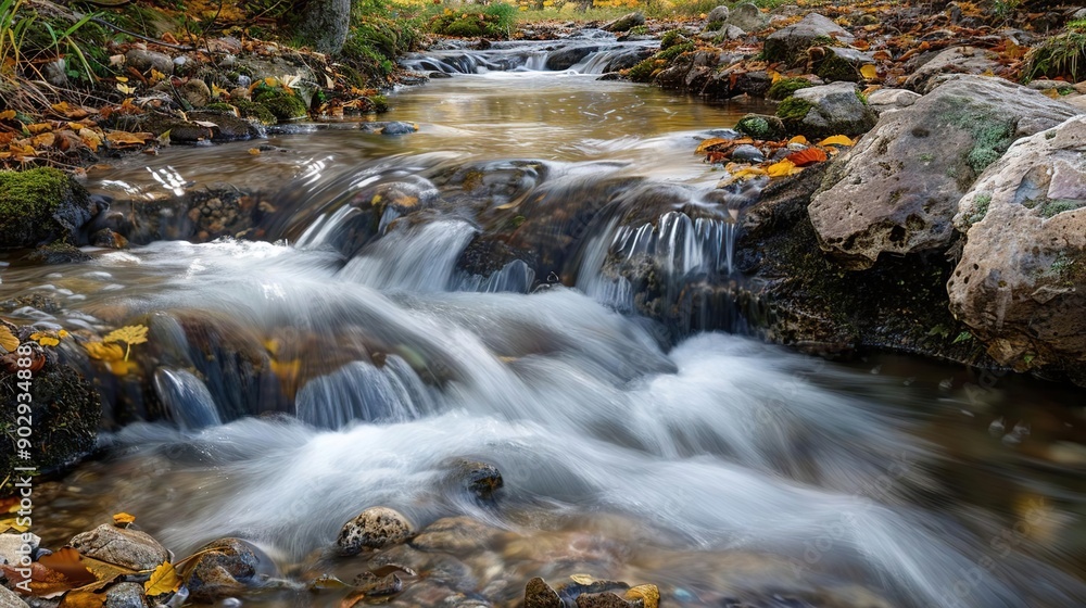 Fototapeta premium Rushing Autumn Stream: A Tranquil Waterfall Scene