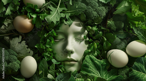 Lutein Extract Skincare with Radiant Skin Surrounded by Opulent Green Vegetables and Egg photo