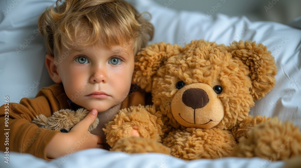 Adorable Child Snuggling with Teddy Bear in Cozy Bed Adorable Child Snuggling with Teddy Bear in Cozy Bed