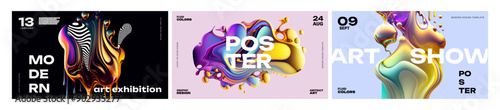 Abstract art posters, covers or prints set with liquid shapes, gradients in luminous colors and typography design. Modern design templates for art show or exhibition, night party, musical event, promo